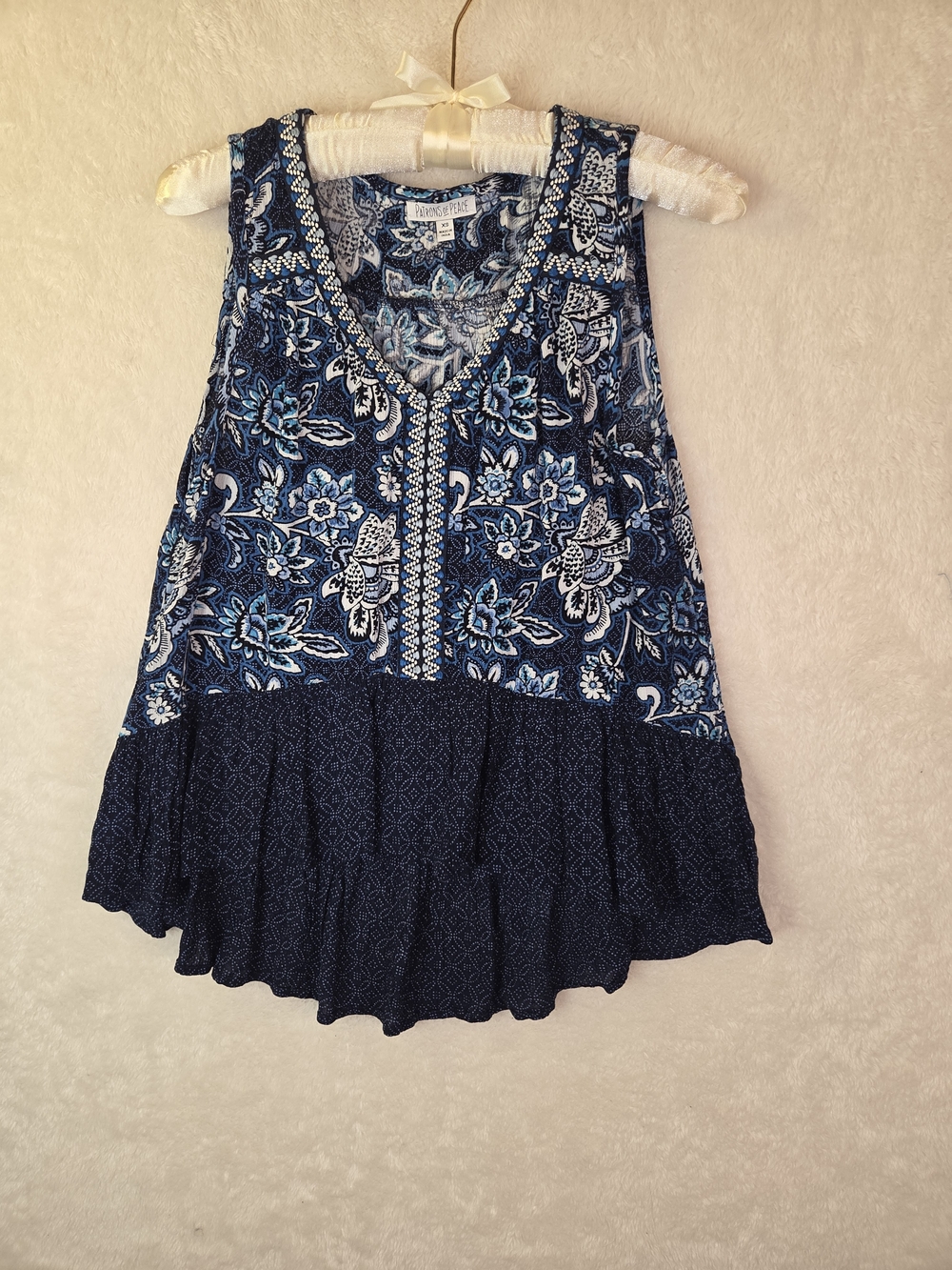 Patrons Of Peace Blue Floral  Boho Peasant Top Sleeveless V-Neck Ruffle Sz XS